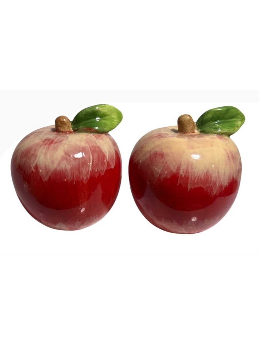Apple Shaped Ceramic Salt & Pepper Shakers Hand Painted Red & Green 2.75" Tall